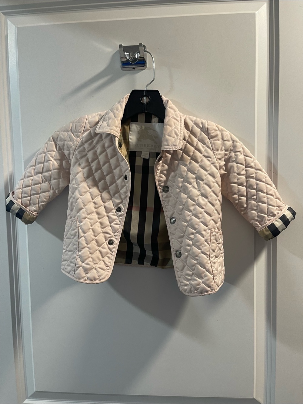 Burberry Kids Pale Pink Quilted Jacket with Signature Check Lining
